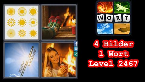 4 Bilder 1 Wort - Level 2467 - Zeichen, Sonne, Thermometer, Frau vor Kamin, Socken - Lösung